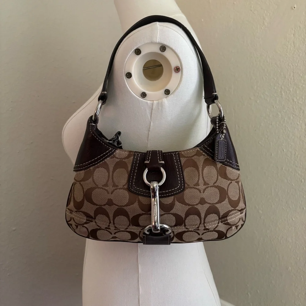 Vintage Coach Brown Canvas Mini Hobo Leather Trim Shoulder Bag Purse Y2K 10283 - Picture 1 of 14